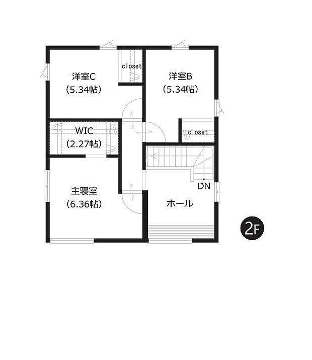 【2階間取図】
主寝室のウォークインクローゼットを含む、全居室に収納を確保しています。荷物の整理がしやすく、すっきりと暮らしやすい住まいです。