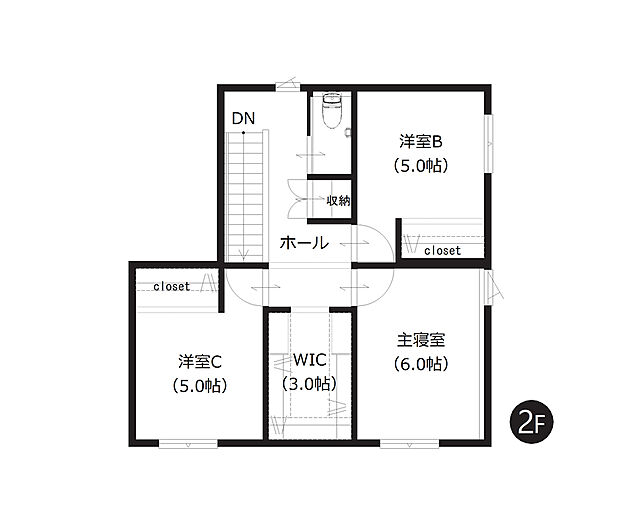 【2階間取図】
2階廊下に3帖のWICを備え、収納にゆとりのある間取りです。三方に洋室が配置され、ご家族それぞれの時間を大切に過ごせます。