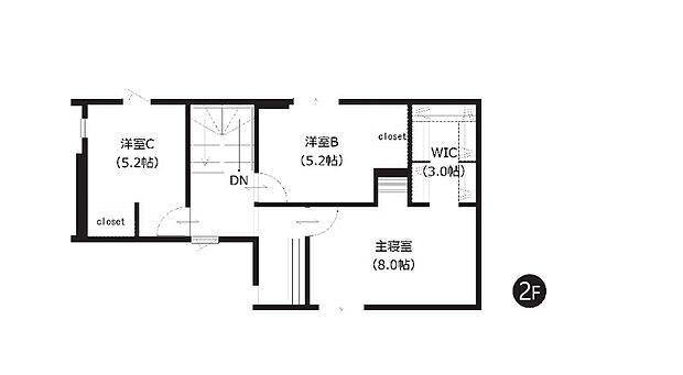 【2階間取図】
全居室に収納を備えた使い勝手のよい間取りです。生活用品や衣類をすっきり整理しやすく、室内を広く使いやすいのが魅力です。