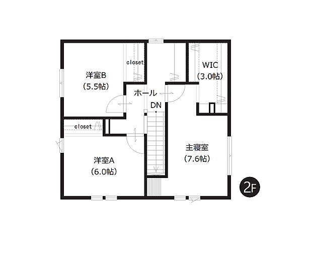 【2階間取図】
約3帖のWICを備え、衣類や日用品もすっきり整理しやすい間取りです。日々の暮らしにゆとりを感じることができます。