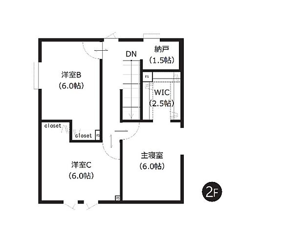 【2階間取図】
2階の洋室はすべて6帖以上のゆとりある広さを確保。WICや納戸などの収納スペースも充実しており、居室をすっきりと保ちやすい暮らしやすい間取りです。