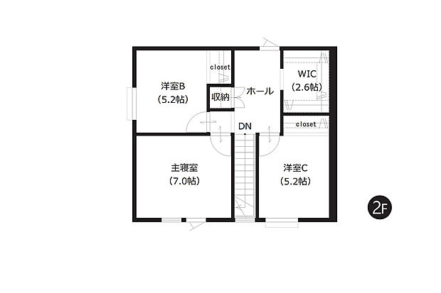 【3号棟 2階間取図】
玄関ホールにウォークインクローゼットを設置。ご家族で共有しやすく、寝室を行き来することなく身支度や荷物の整理ができる思いやり設計です。