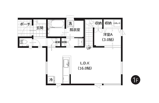 【1階間取図】
約16帖のゆったり寛げるLDKが魅力。リビング階段や対面キッチンを採用し、ご家族の気配を感じながら過ごせる間取り設計です。