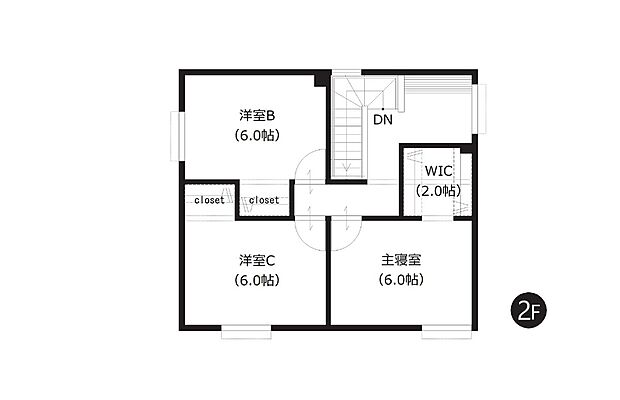 【2階間取図】
2階の全洋室は約6帖のゆとりある広さ!ウォークインクローゼットを含む全居室収納付きで、衣類や大きな荷物もすっきり収納できます。