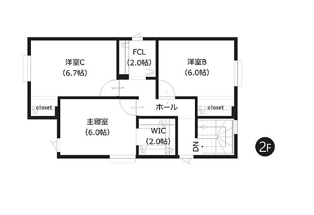 【A棟 2階間取図】
2階の全洋室は6帖以上とゆとりある広さ。ホール部分には約2帖のファミリークローゼットを設置し、ご家族共有でお使いいただけます。