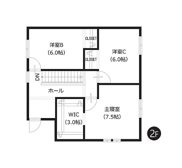 【4LDK】2階の洋室は全室約6帖以上の広さがあります。WIC含む全居室収納付きで、お荷物の多いファミリーにもおすすめです。
