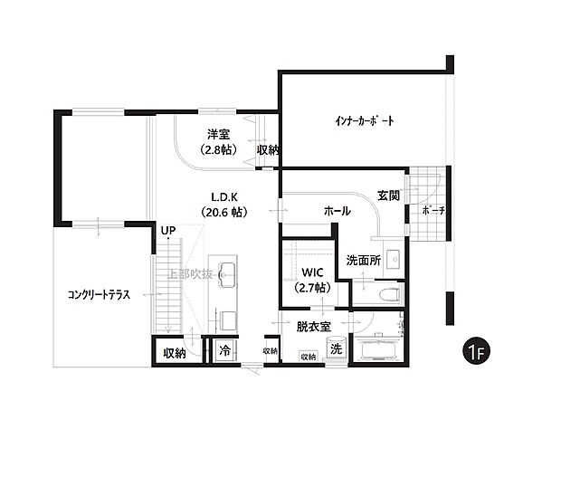 【4LDK】LDKと水まわりを集約させた生活動線の良い1階部分。インナーカーポートから出入りできる玄関や、テラスに面したリビングなど魅力がたっぷり。