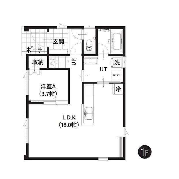 【4LDK】1階は約18帖の広々としたLDKと、引き戸で隣接した洋室、回遊動線が可能なサニタリースペースとなっております。