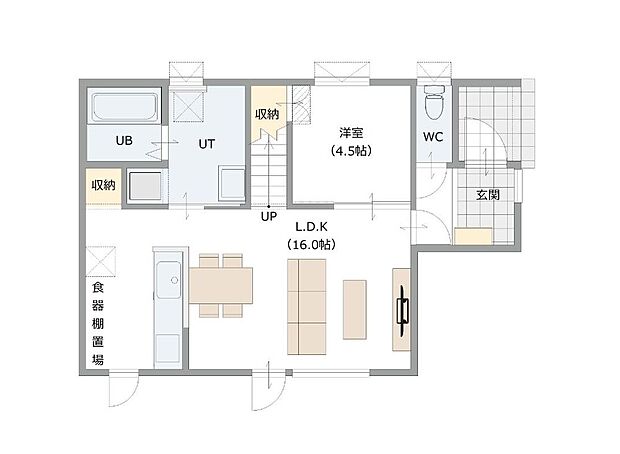 【1階間取り図　施工例】【建築プラン例】
建物面積：106.01m2
建物価格：2123万円(税込)
※杭工事、分水工事、諸費用別途
※設計プランの参考一例であって、当該プランの採用可否は任意です。