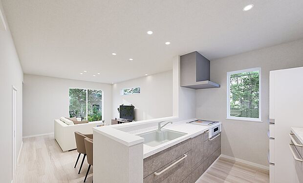 【【完成予想図】】食洗機完備のIHクッキングヒーターを採用。お料理をしながらリビングが見渡せる対面キッチンです。