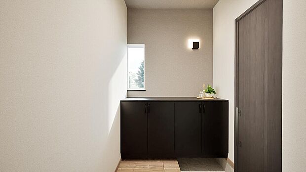 【【完成予想図】】ご家族や来客をお出迎えする玄関。シューズボックス付きで、いつでもスッキリと片付きます。