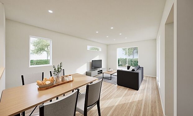 【【完成予想図】】ご家族とコミュニケーションが取りやすく、自然と会話が増える、対面式キッチンやリビングイン階段を採用しています。