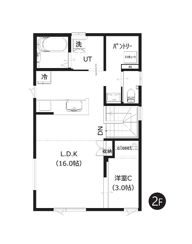 【4LDK】2面採光で明るく風通しの良いLDK。開放感がありながらも、ご家族のプライバシーを考慮した2階リビング仕様です。
