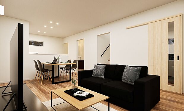 【【B棟 完成予想図(夜)】】LDKと水回りの近い間取りで生活動線良好。家事もしやすく、暮らしやすい設計です。