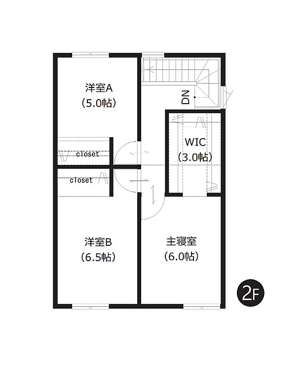 【3LDK】2階は洋室が振り分けられており、ご家族のプライベート空間もしっかりと確保。WICを含む全居室収納付きで、室内スッキリ快適です。