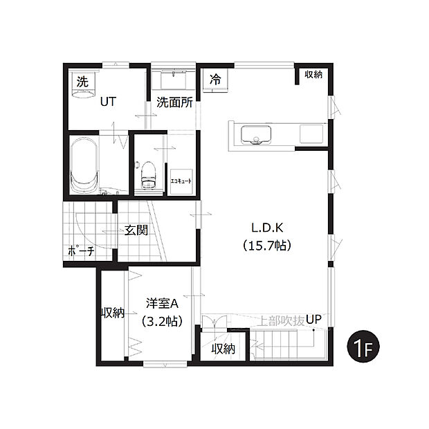 【4LDK】1階には約15帖のLDKと水回りを集約し、家事がスムーズにできる設計です。