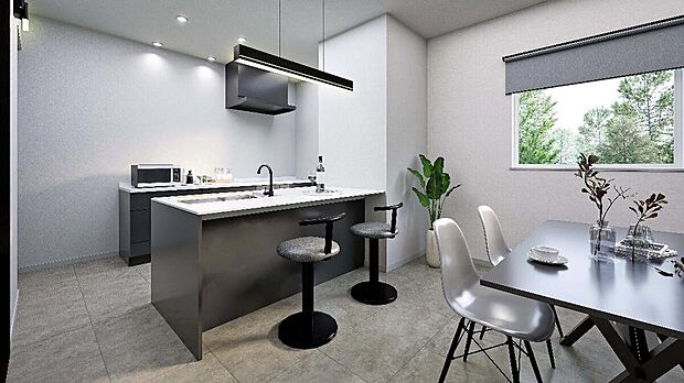 【【完成予想図】】黒が映える上品なキッチン。ゆとりある作業スペースと、無駄のない最短動線を叶えた二の字レイアウトで、毎日の家事がスムーズに。