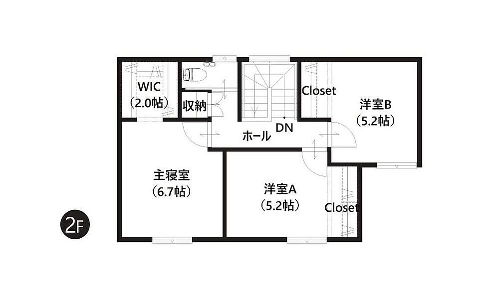 【2階間取図】
2階には洋室が3部屋振り分けられており、ご家族間でのプライベート空間も確保。全居室が南に面し暖かい陽光を感じられるお住まいです。