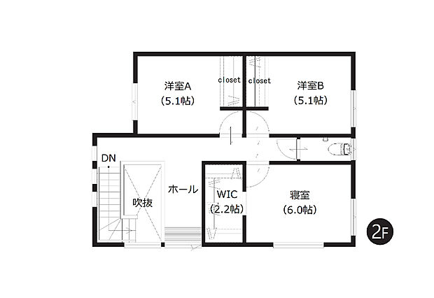 【2階間取図】
WICを含む全居室収納付き。お荷物の多いファミリーにもおすすめです。カウンター付きのホール部分は多目的に利用でき便利です。