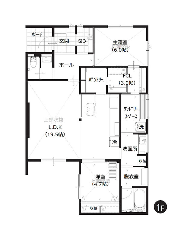 【1階間取図】
多方向から出入りができるFCL、パントリー、SIC付き。8の字回遊導線でスムーズに生活できる機能的な間取りです。