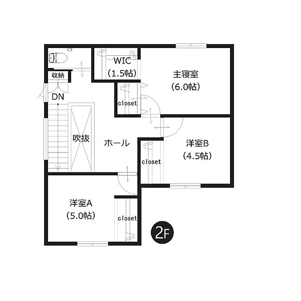 【2階間取図】
全居室収納付きでお荷物の多いファミリーにもおすすめ。主寝室には、お洋服選びが楽しくなるウォークインクローゼットがございます。