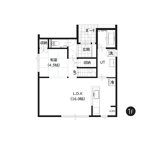 【1階間取図】
ご家族で寛ぐLDKは約16帖。和室の引き戸を開放することで、約20.5帖の大空間としても利用できます。