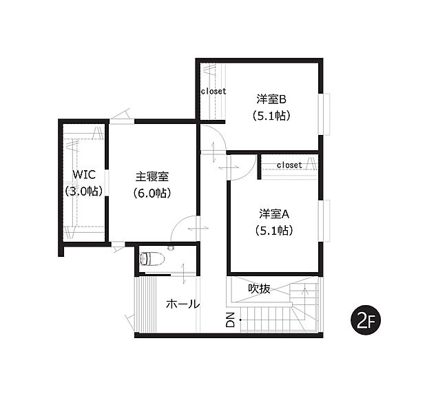 【2階間取図】
約3帖のウォークインクローゼットを含む全居室収納付き。多目的に活用できるカウンター付きホールも嬉しいポイントです。