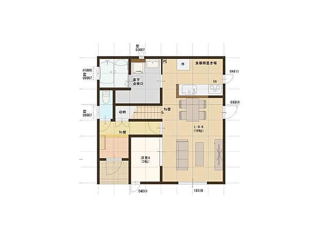 【【建築プラン例】】建築面積：105.78m2
建物価格：21252000円
※杭工事、分水工事、諸費用別途
※設計プランの参考一例であって、当該プランの採用可否は任意です。