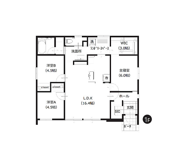 【3LDK】LDKを中心とした3LDKの間取りです。LDKはゆったり16帖以上。WICやSICなど豊富な収納も魅力です。