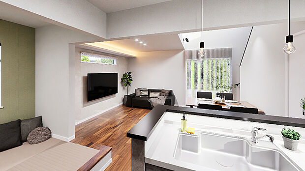 【【2号棟 完成予定図】】リビングを見渡せる対面キッチンを採用。ご家族やご友人との会話だ楽しめたり、小さなお子様を見守りながら家事ができます。