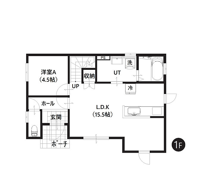 【1階間取図】
ご家族で集まるLDKには対面式キッチン・リビング階段を採用。自然とご家族が顔を合わせられ、コミュニケーションの機会が増えますね。　