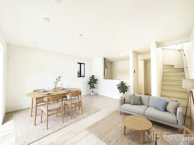 【リビング】LDKに階段を設け、家族のコミュニティを大切にした間取りプラン ※家具はCGです