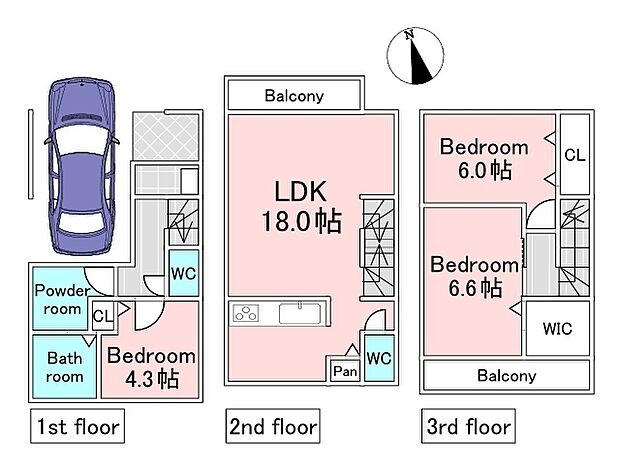 A号棟参考プラン(建物込6480万円、土地面積54.70m2、建物面積84.15m2)
