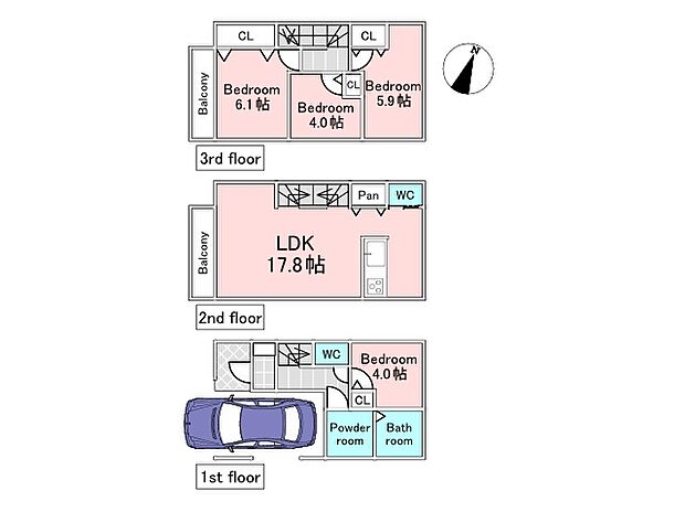 A号棟参考プラン（建物込6380万円、土地面積57.91m2、建物面積88.74m2）