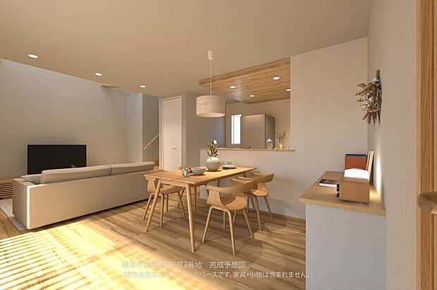 【2号地/完成予想図/LDK】
南側に掃き出し窓が設けられた明るいLDK。LDKの一角にカウンターが備わっており、リビング学習や在宅ワークスペースなどにご活用いただけます。