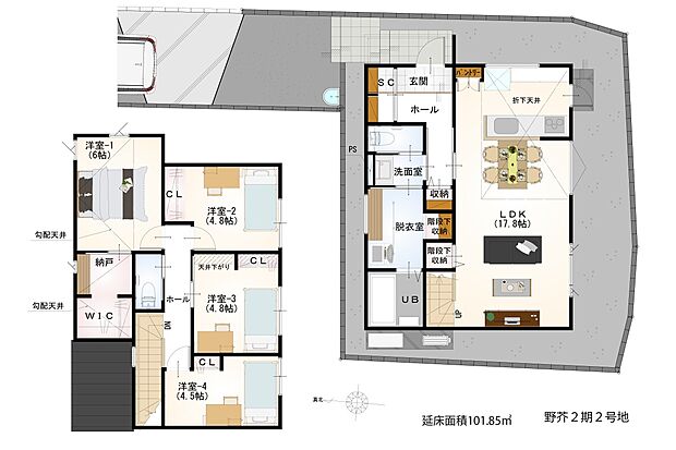 【2号地・間取り図】
折下天井がおしゃれなLDKは、約17.8帖のゆとりある広さ。洗面室と脱衣室は扉で仕切られ、ご家族間のプライバシーに配慮されています。WIC・SCなど、収納も充実した住まいです。