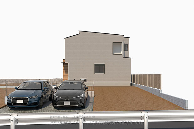 【【外観完成予想図/4号地】】4号地はアプローチのある旗竿地。プライバシー性の高い環境です。並列2台駐車可能(車種による)。前面道路幅員は約4.3~4.7mです。