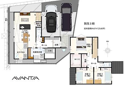 1階に2WAY仕様の洗面脱衣室が配置され、家事動線スムーズ。コミュニケーションが取りやすいリビング階段が採用されています。WICをはじめ、階段下や各階のホール収納など、きめ細かな収納計画も魅力の1つです。 