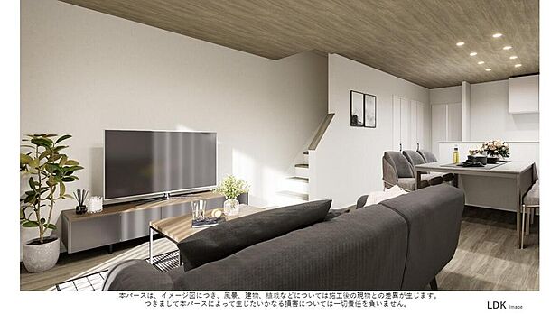 【【内観パース(2号地)/LDK】】LDKは約17.0帖。リビングからキッチンの様子が見えるので、ご家族同士で会話が弾みやすい間取りです。