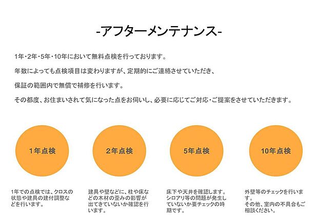 【アフターメンテナンス 】1年、2年、5年、10年の間隔で定期点検を実施。お住まい中の気になる点も、お気軽に相談できます。