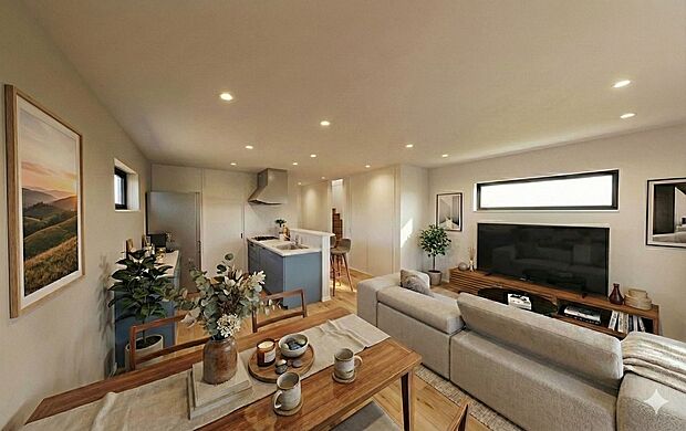 【リビング】水色のキッチンがアクセントになり、LDK全体も明るい雰囲気に♪※イメージ画像です