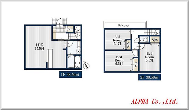 1号棟の間取図になります。1階LDKに水廻りを集約させる事で暮らしの動線がとても便利になります。無駄な廊下スペースを最小限にする事で快適な居住空間を演出しております。