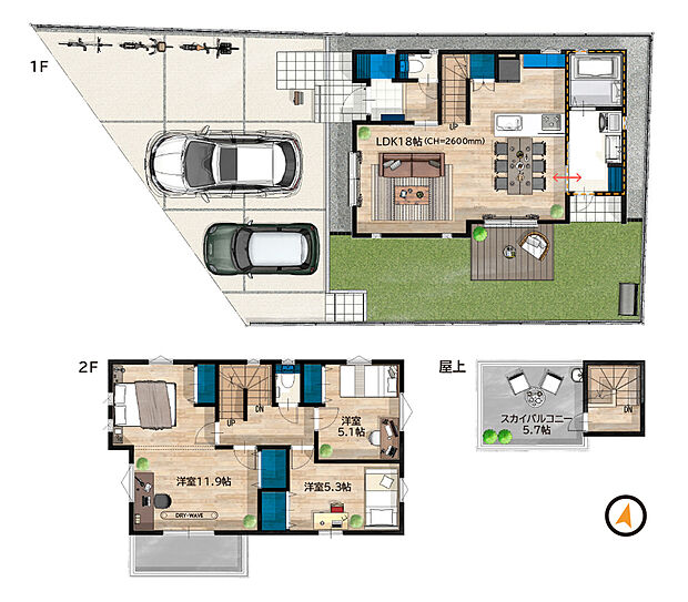 ルシェール浦和区駒場II
LDK１８帖超＋庭スペース＋ウッドデッキ＋屋上バルコニー６帖付き
広々デザインハウスの駐車３台可能