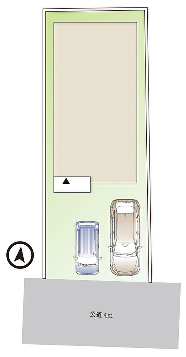 建物配置図
南向き前面４メートル公道
車２台駐車可能(車種による)