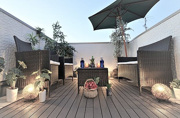 【スカイバルコニー参考例・カフェ】屋上バルコニーの過ごし方
【ゆったりと過ごす．．．リラックスプラン】
ゆっくりしたい休日に。家事育児の忙しい合間に。テレワーク中の休憩時間に。
非日常空間は疲れた心身をリフレッシュしてくれます◎