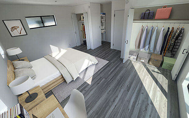 【モデルハウス】2階の各部屋には、広々とした収納スペースが全部屋に付いております♪
また、全部屋とも５帖以上確保していて、２面採光になる為明るさもあります♪