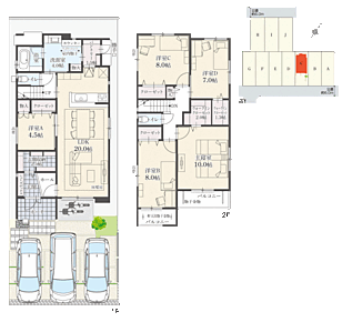 5LDK+Wウォークインクローゼット+玄関収納+パントリー+ランドリースペース
駐車3台可
※延床面積にバルコニー面積の一部(1.13m2)含む

室内物干しやカウンターを設置した洗面室は、2WAY仕様で家事動線良好です。 