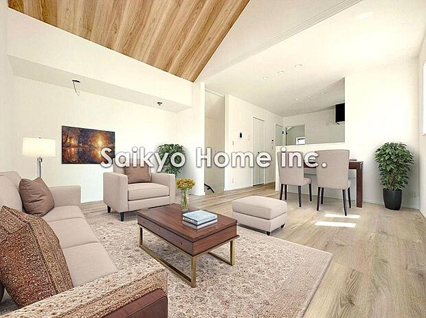 【リビング】陽光ふりそそぐ明るい2階リビング。対面式キッチンは、家事をしながら家族の様子が一目でわかる安心＆便利設備！床暖房もついて冬も快適です。※家具等はCG加工しております。