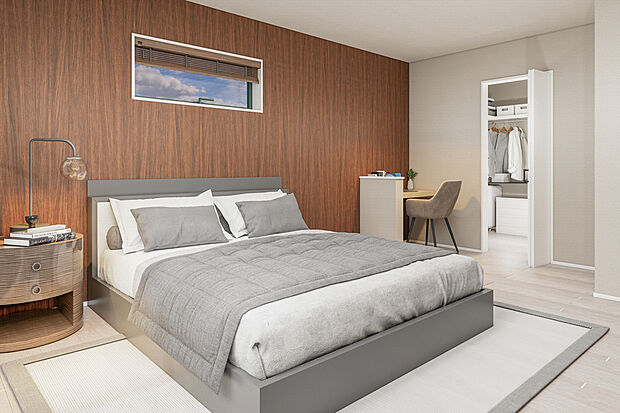 【主寝室】主寝室には多くの衣類も楽々収納できる広々ウォークインクローゼット付きです。季節のお布団を上段に下段にはキャリーケースや扇風機などの季節ものの収納に！/2号地建物プラン