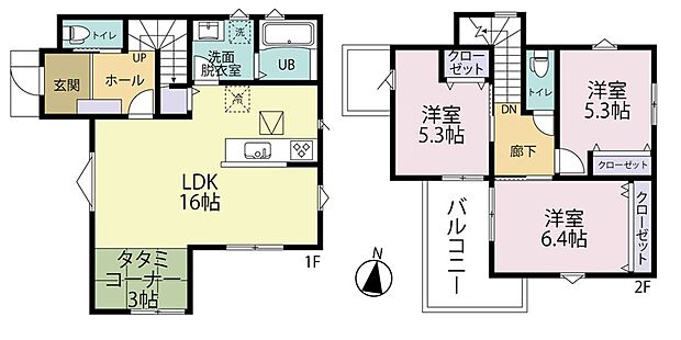 【2号地・参考プラン】
キッチンと洗面室を近くに配し、家事動線がスムーズ◎
約16帖×3面採光のLDKで、家族団らんの時間をゆったりと過ごせます♪バルコニーは洋室2か所からアクセスできる便利な設計!